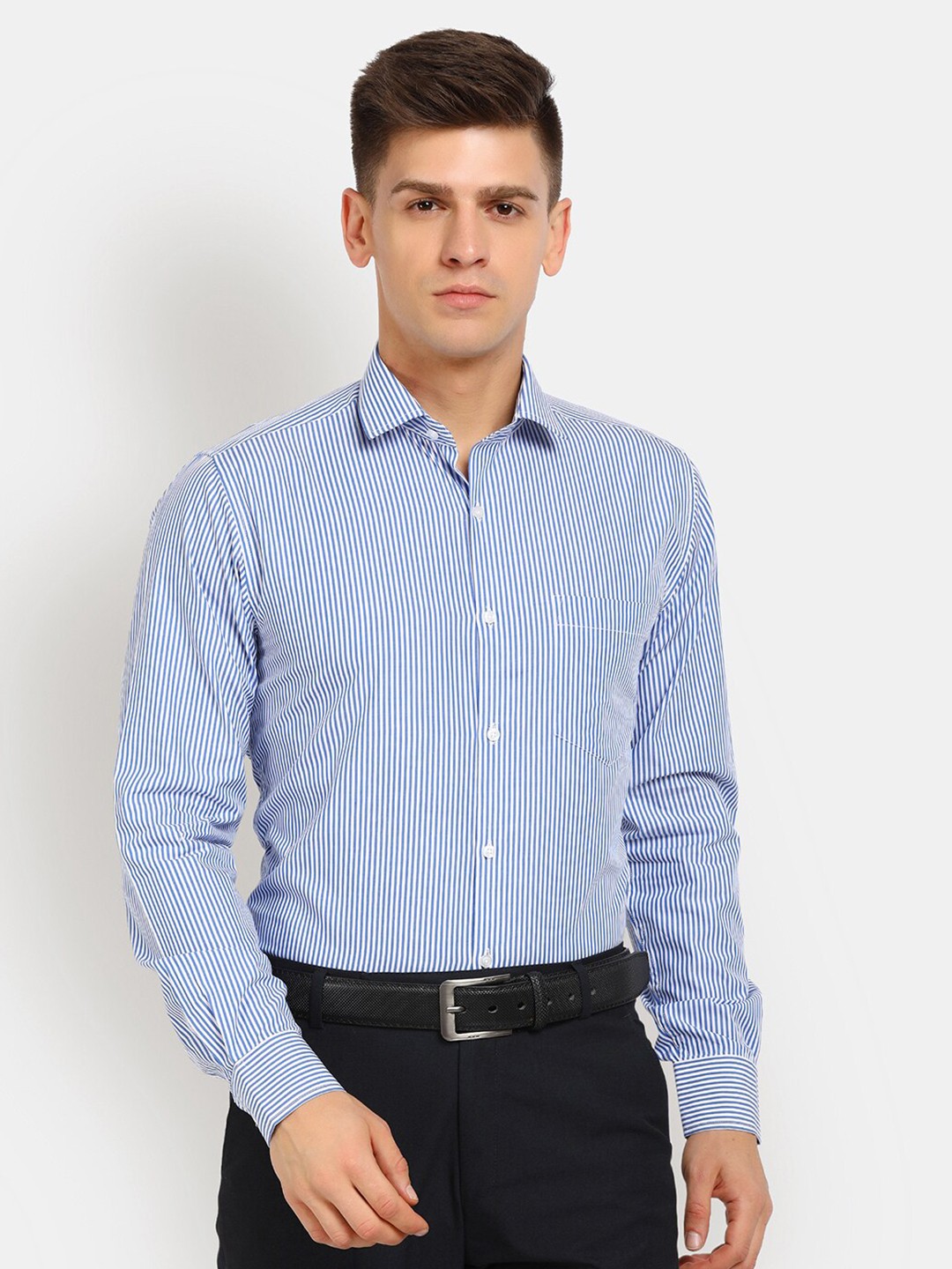 

J White by Vmart Men Blue Classic Striped Cotton Formal Shirt