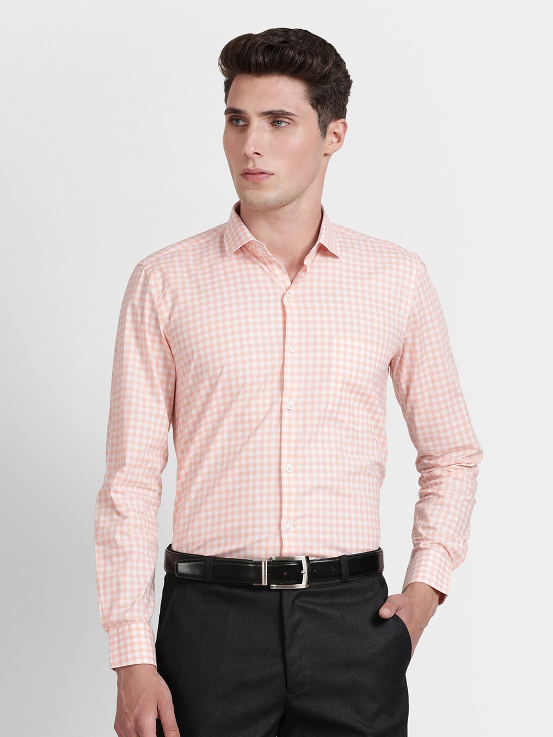 

J White by Vmart Men Peach-Coloured Classic Gingham Checked Cotton Formal Shirt