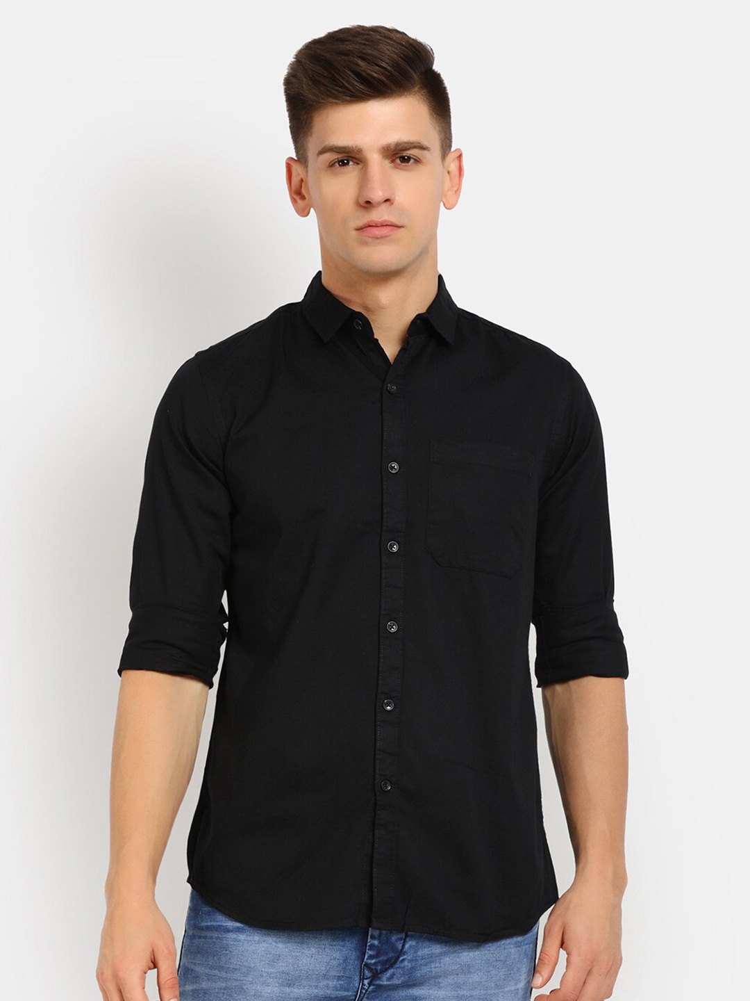 

V-Mart Men Black Spread Collar Classic Cotton Casual Shirt