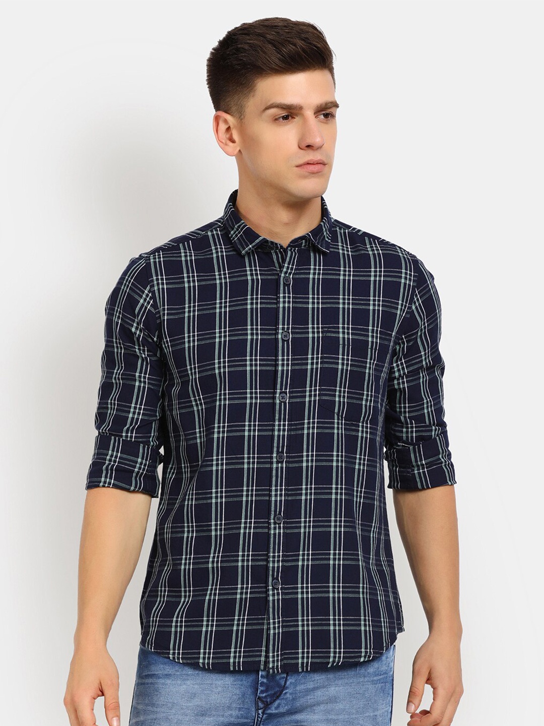 

V-Mart Men Navy Blue Classic Tartan Checked Cotton Casual Shirt