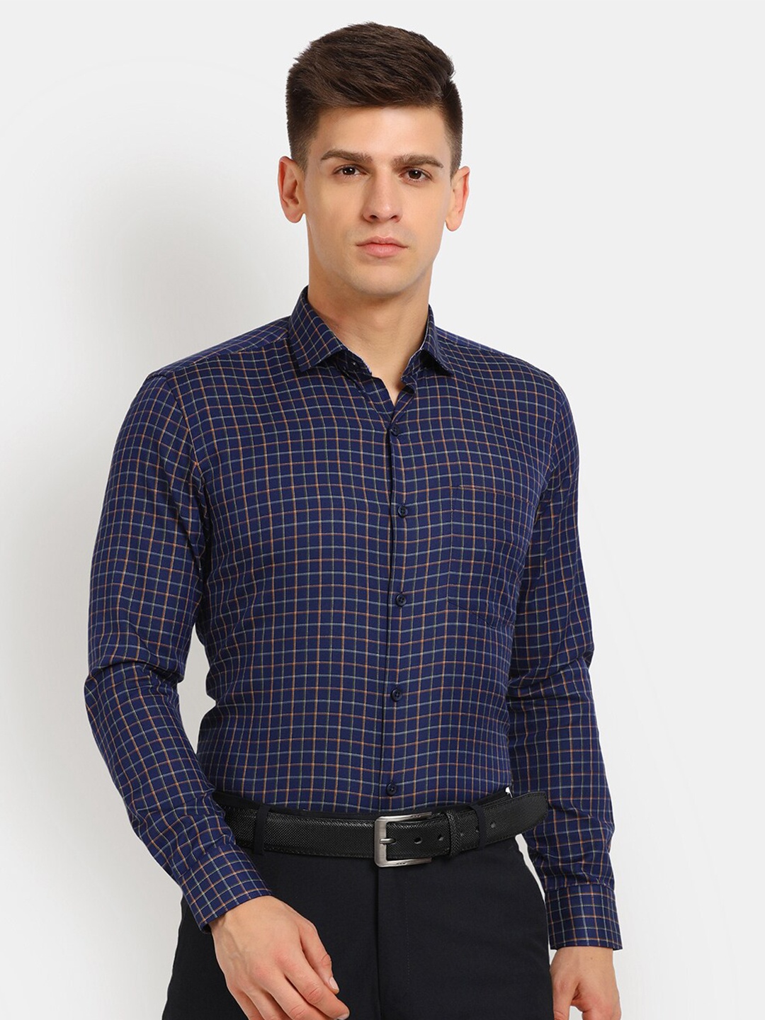 

J White by Vmart Men Navy Blue Classic Checked Cotton Formal Shirt