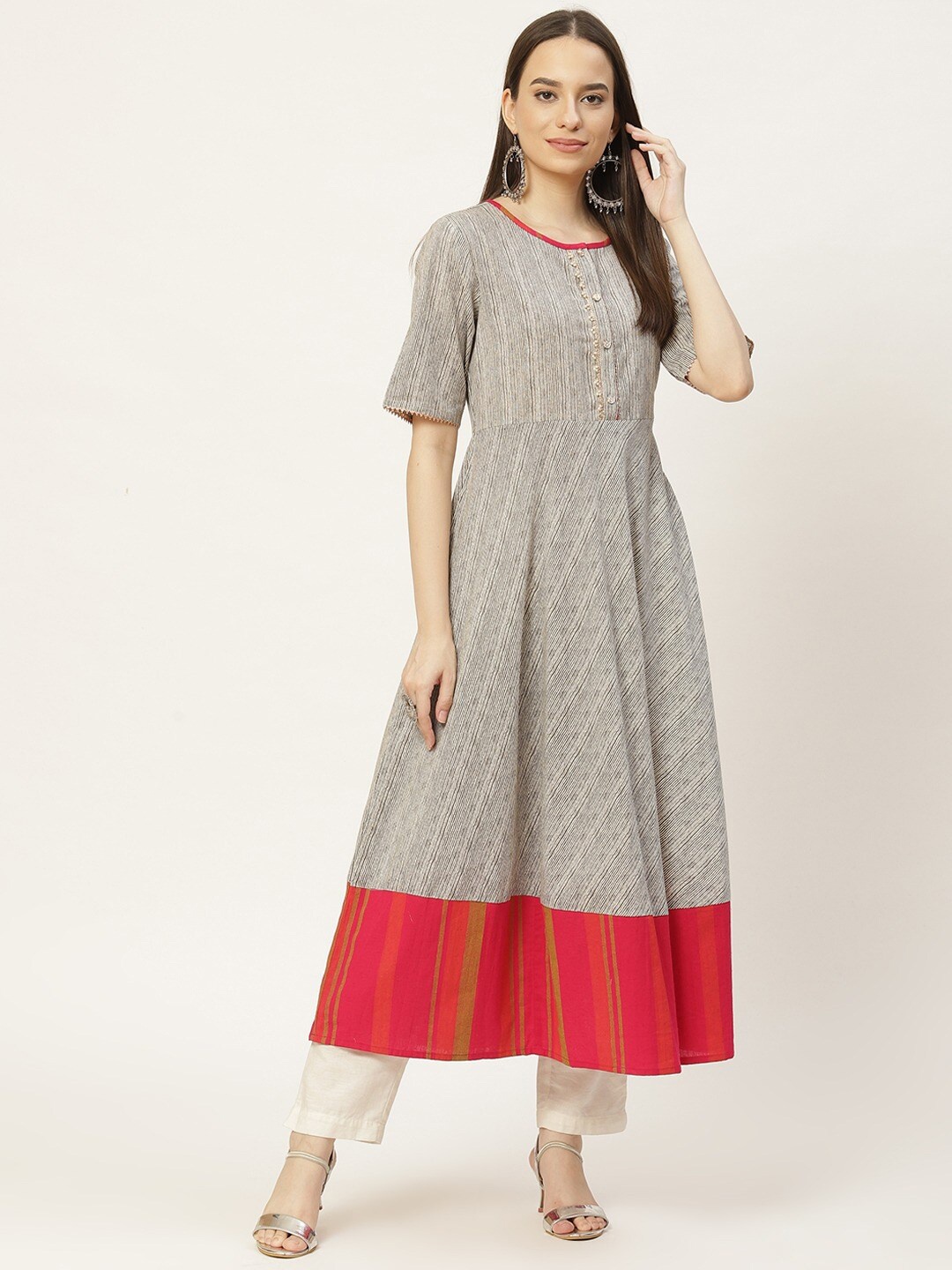 

FABRIC FITOOR Striped Printed A-Line Empire Cotton Kurta, Grey