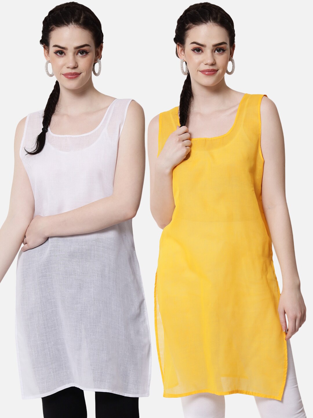 

PARAMOUNT CHIKAN Women Mustard & White Pack Of 2 Solid Cotton Camisoles