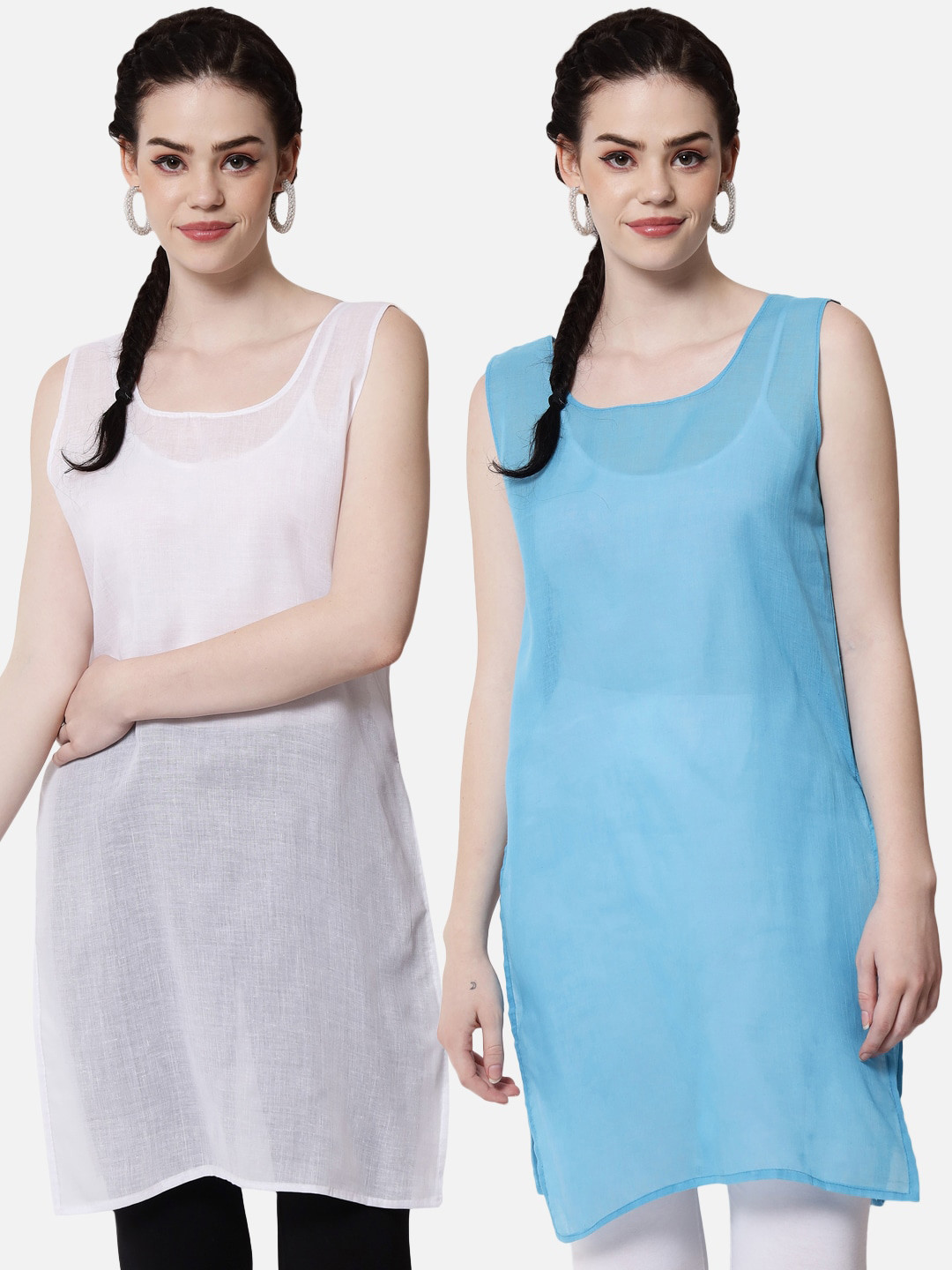 

PARAMOUNT CHIKAN Women Blue & White Pack Of 2 Solid Cotton Camisoles