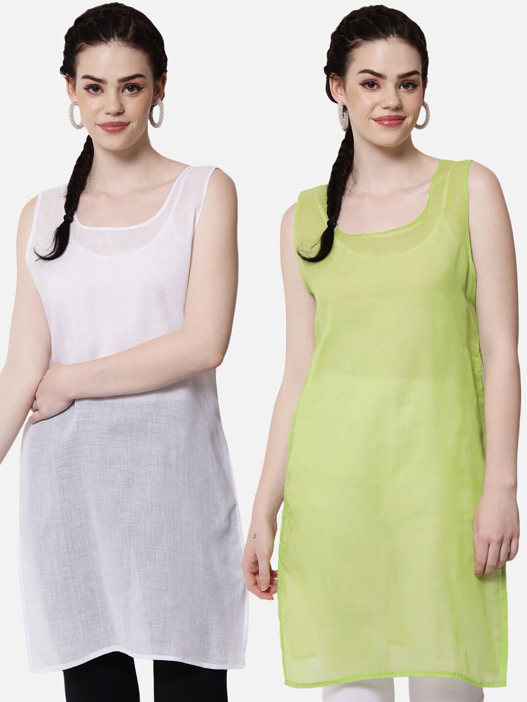 

PARAMOUNT CHIKAN Women Green & White Pack Of 2 Solid Cotton Camisoles