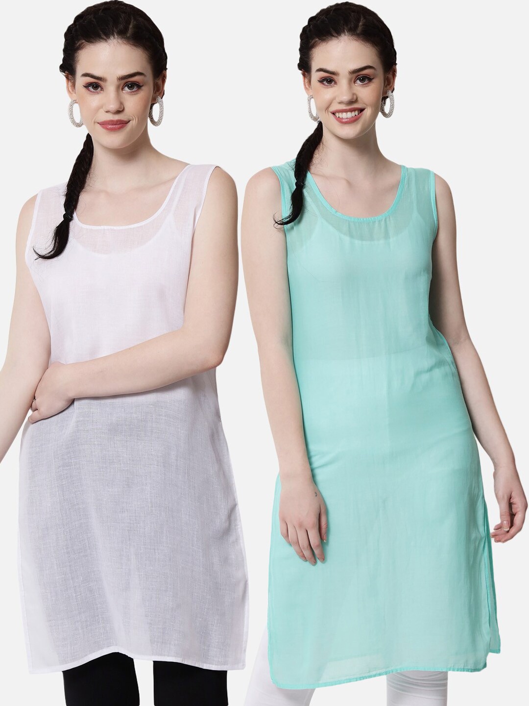 

PARAMOUNT CHIKAN Women Sea Green & White Pack Of 2 Solid Cotton Camisoles
