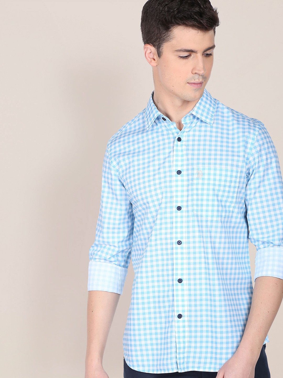 

U S Polo Assn Men Blue Gingham Twill Checked Pure Cotton Casual Shirt