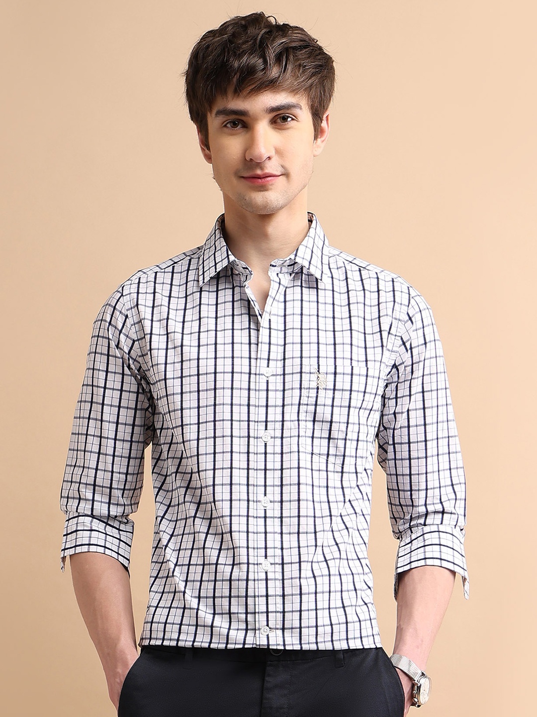 

U.S. Polo Assn. Men White & Blue Checked Pure Cotton Grid Tattersall Oxford Shirt