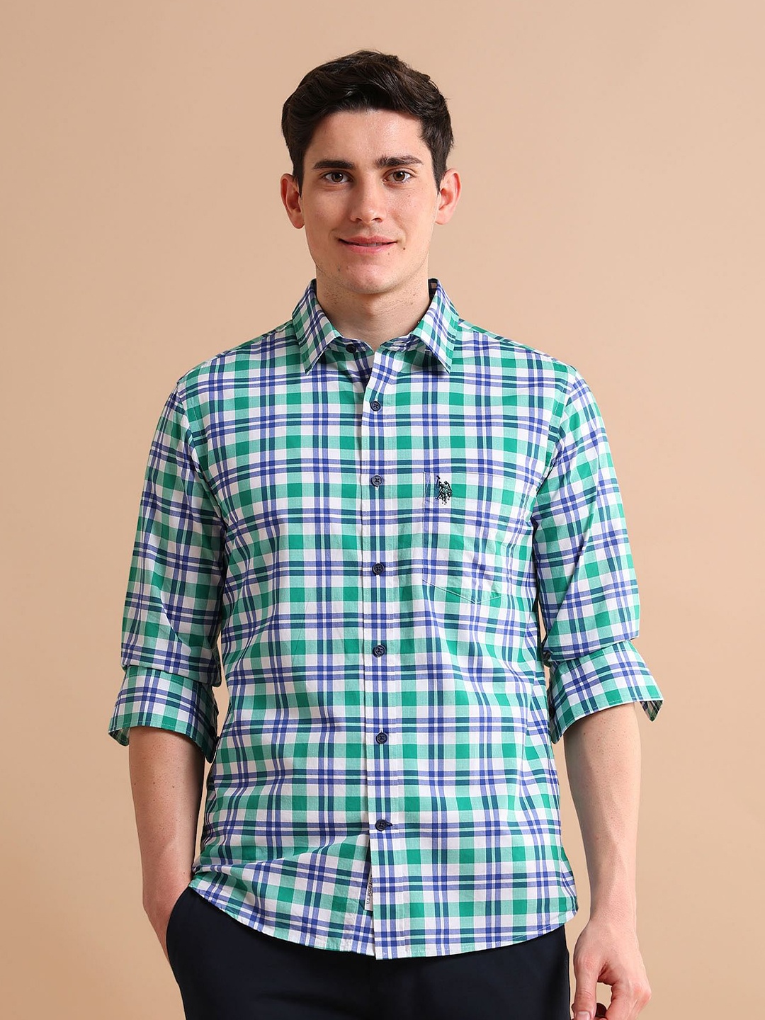 

U.S. Polo Assn. Men Green & White Tartan Checked Pure Cotton Casual Shirt