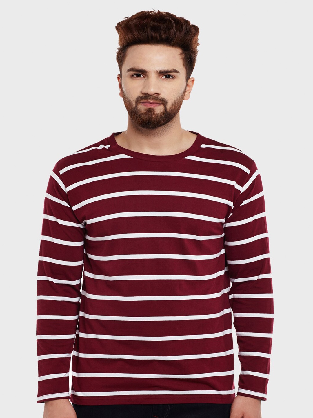 

Hypernation Men Maroon Striped Slim Fit T-shirt