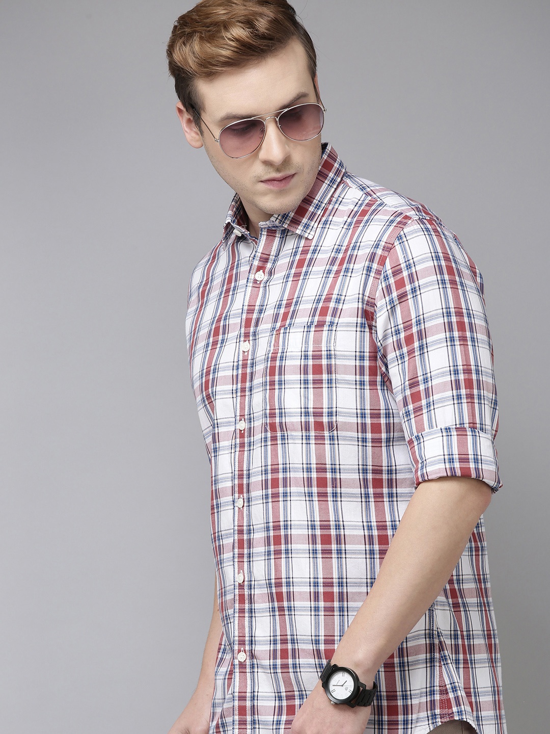 

Van Heusen Sport Men Slim Fit Tartan Checked Pure Cotton Casual Shirt, Blue