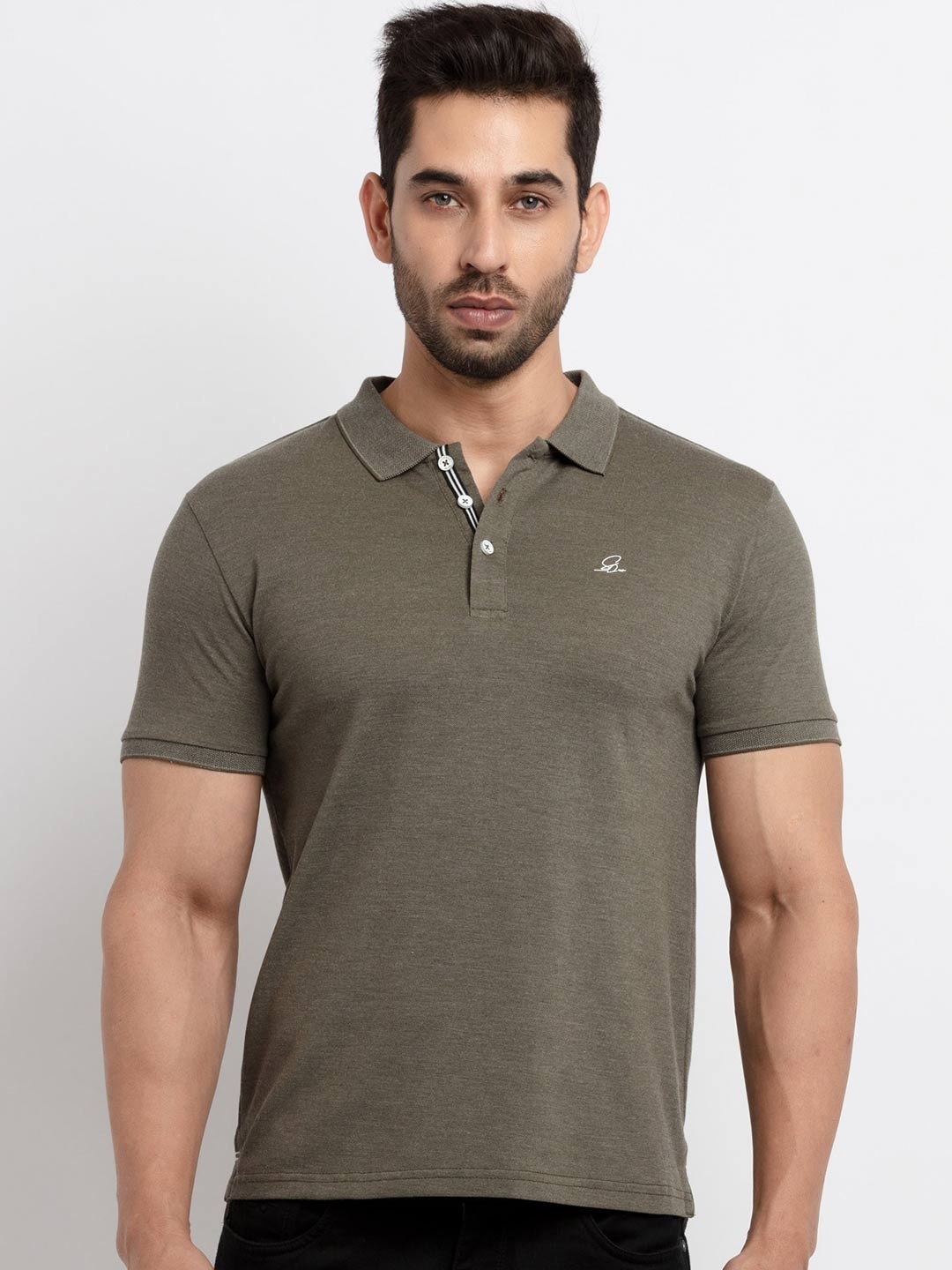 

Status Quo Men Olive Green Solid Polo Collar Cotton T-shirt
