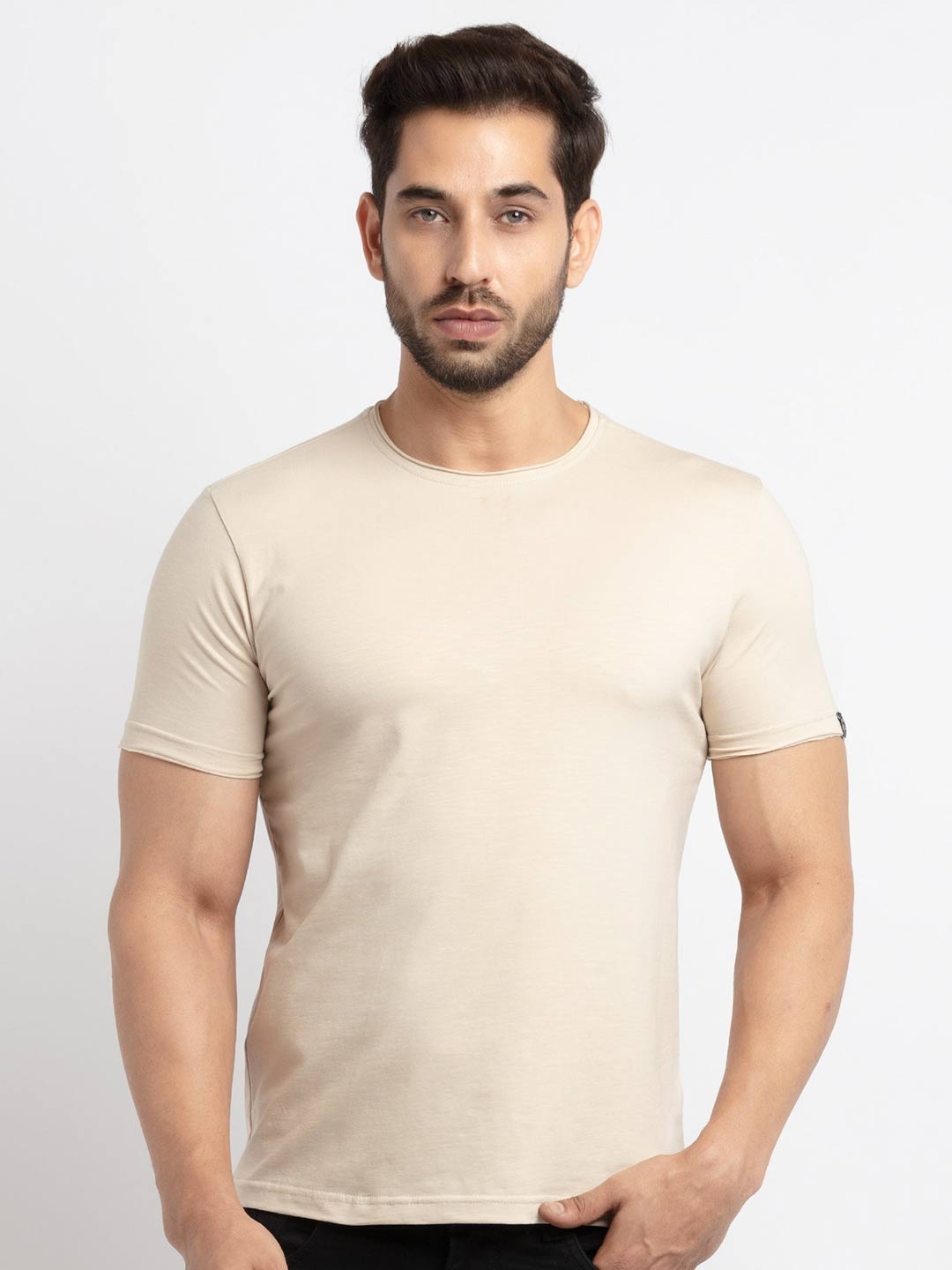 

Status Quo Men Beige Solid Cotton T-shirt