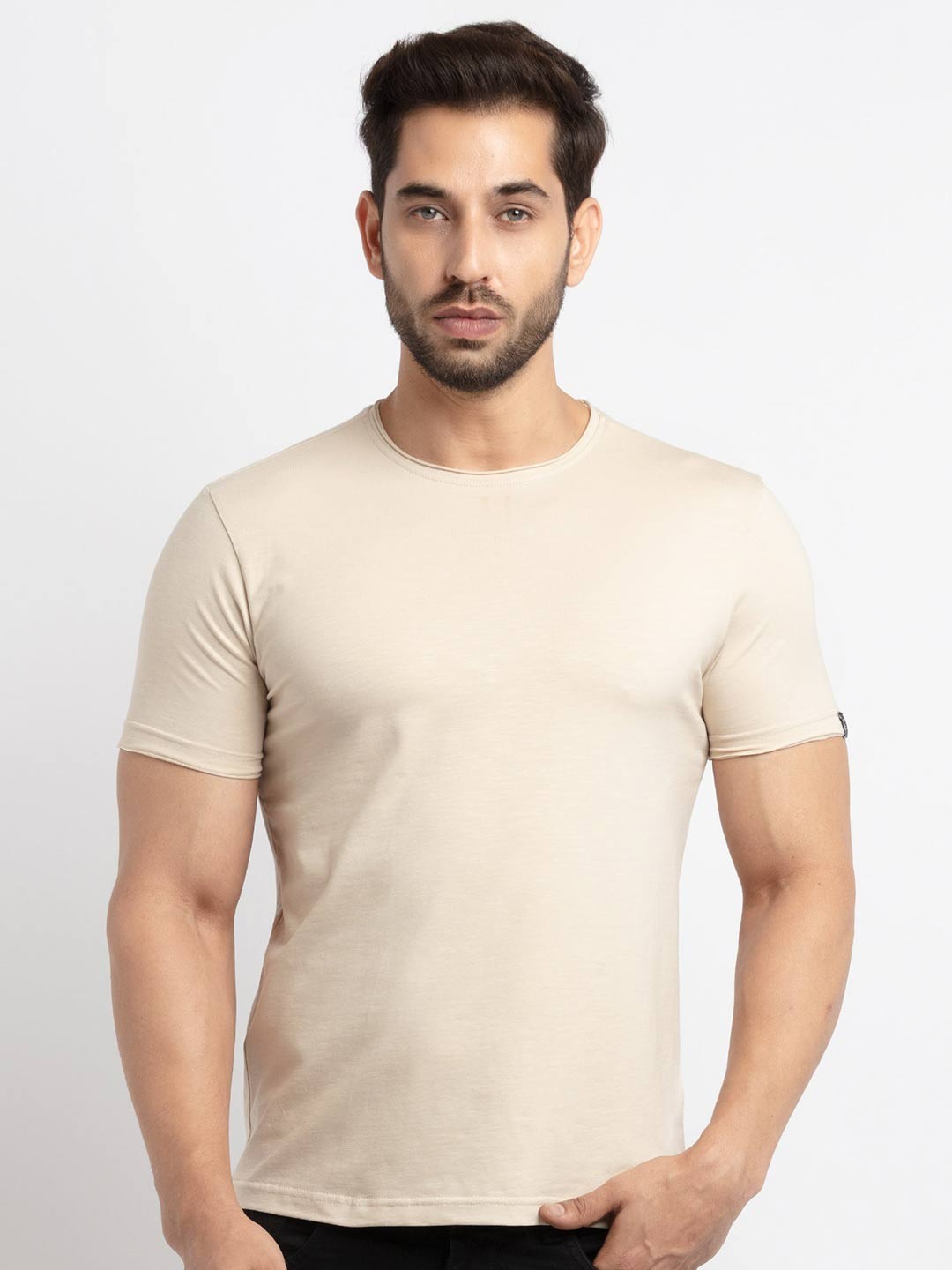 

Status Quo Men Beige Solid Cotton T-shirt