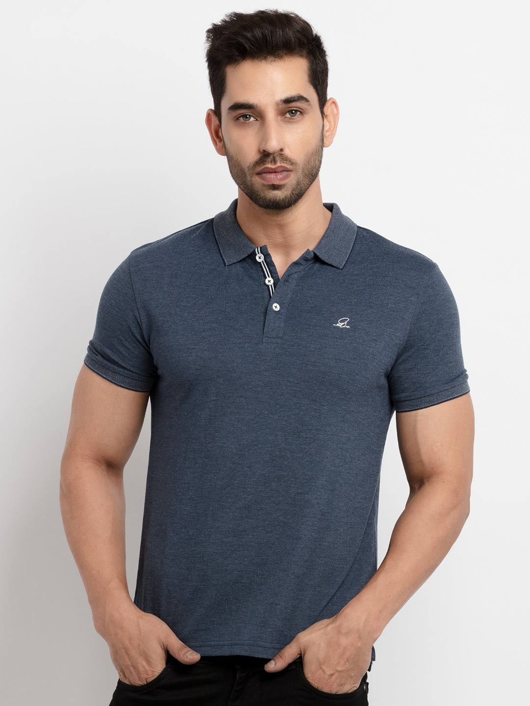 

Status Quo Men Blue Solid Polo Collar Cotton T-shirt