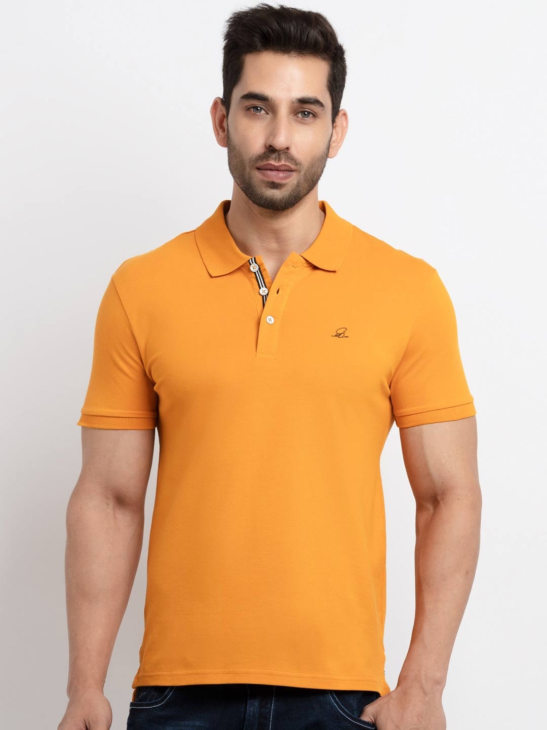 

Status Quo Men Mustard Yellow Solid Polo Collar Cotton T-shirt