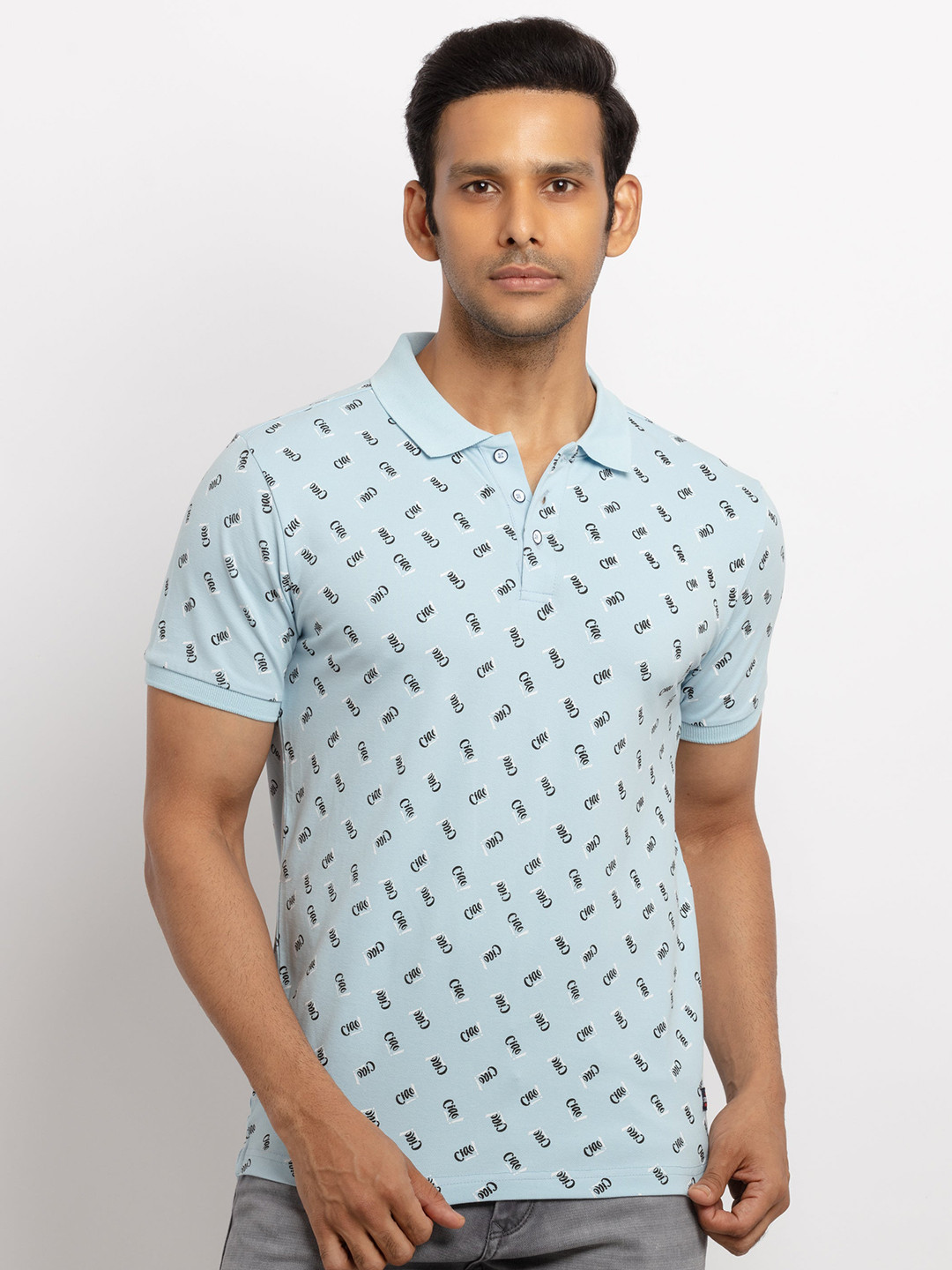 

Status Quo Men Blue Printed Polo Collar Cotton T-shirt