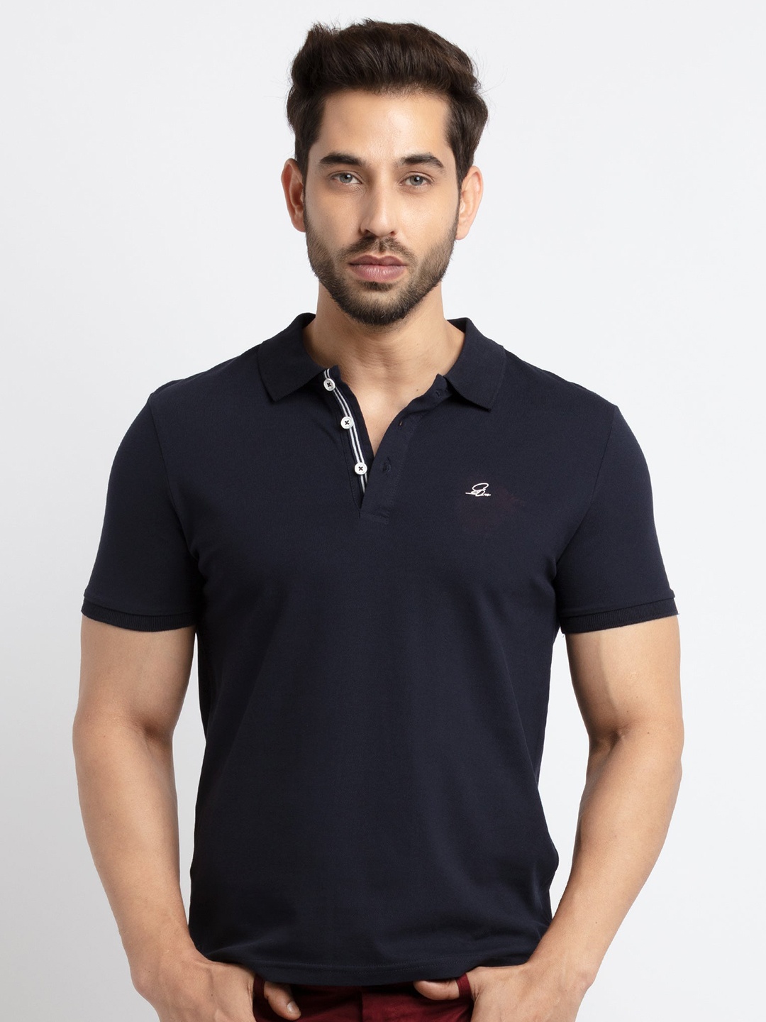 

Status Quo Men Navy Blue Solid Polo Collar Cotton T-shirt