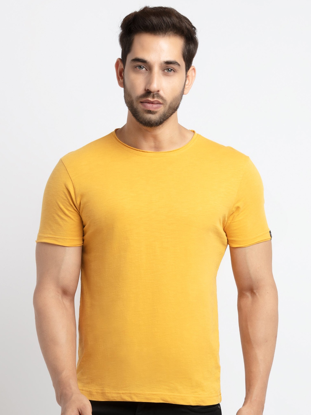 

Status Quo Men Mustard Yellow Solid Cotton T-shirt
