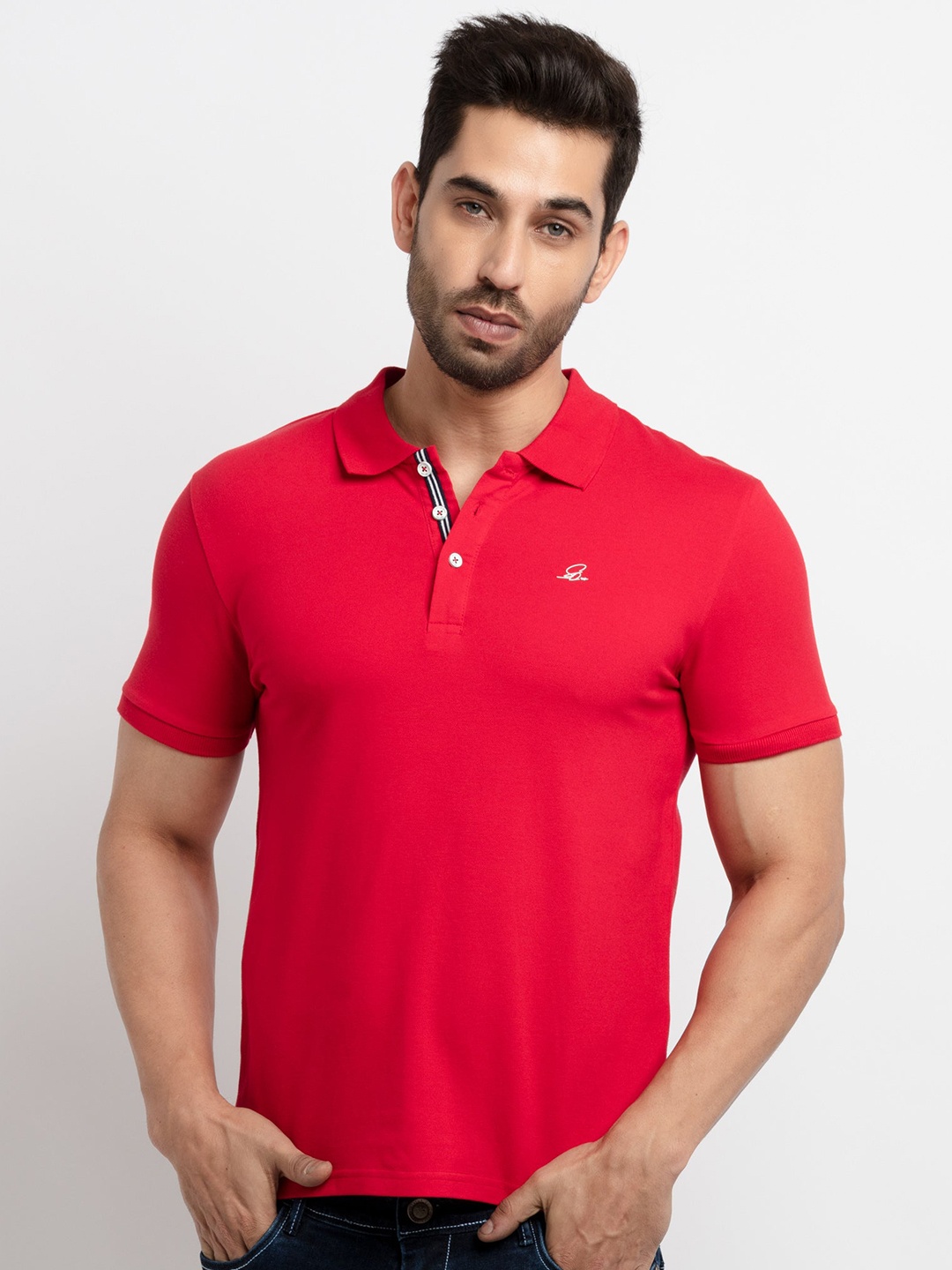 

Status Quo Men Red Brand Logo Polo Collar Cotton T-shirt