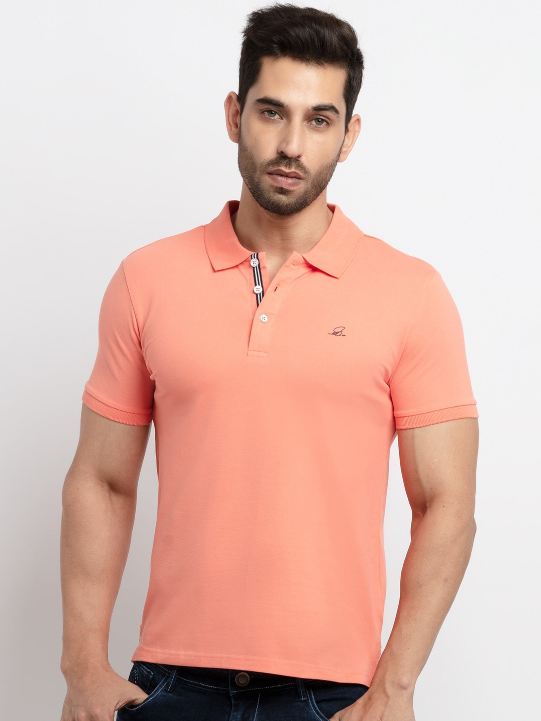 

Status Quo Men Peach-Coloured Brand Logo Polo Collar Cotton T-shirt