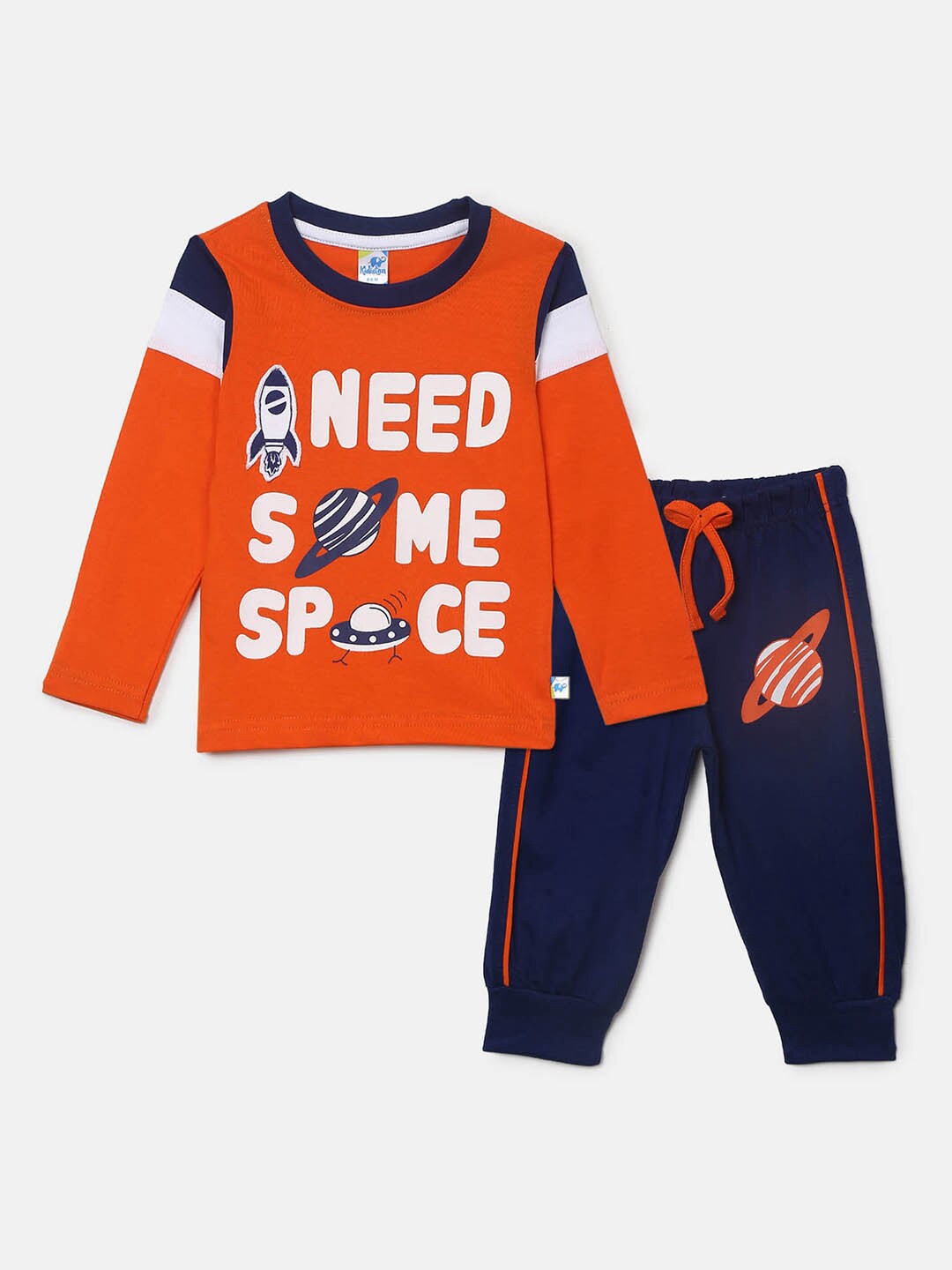 

V-Mart Kids Orange & Navy Blue Printed Pure Cotton T-shirt with Pyjama