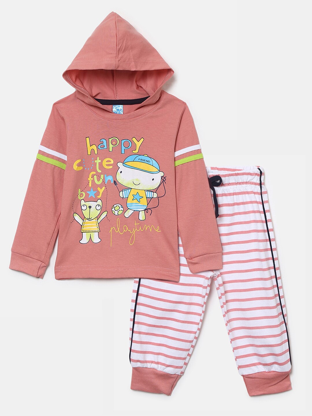 

V-Mart Kids Coral & White Printed Pure Cotton T-shirt with Pyjama