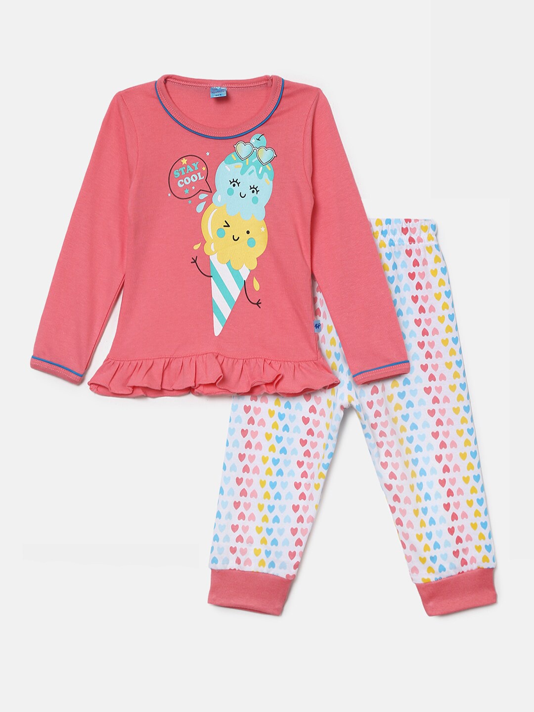 

V-Mart Kids Coral & White Printed Pure Cotton Top with Pyjama