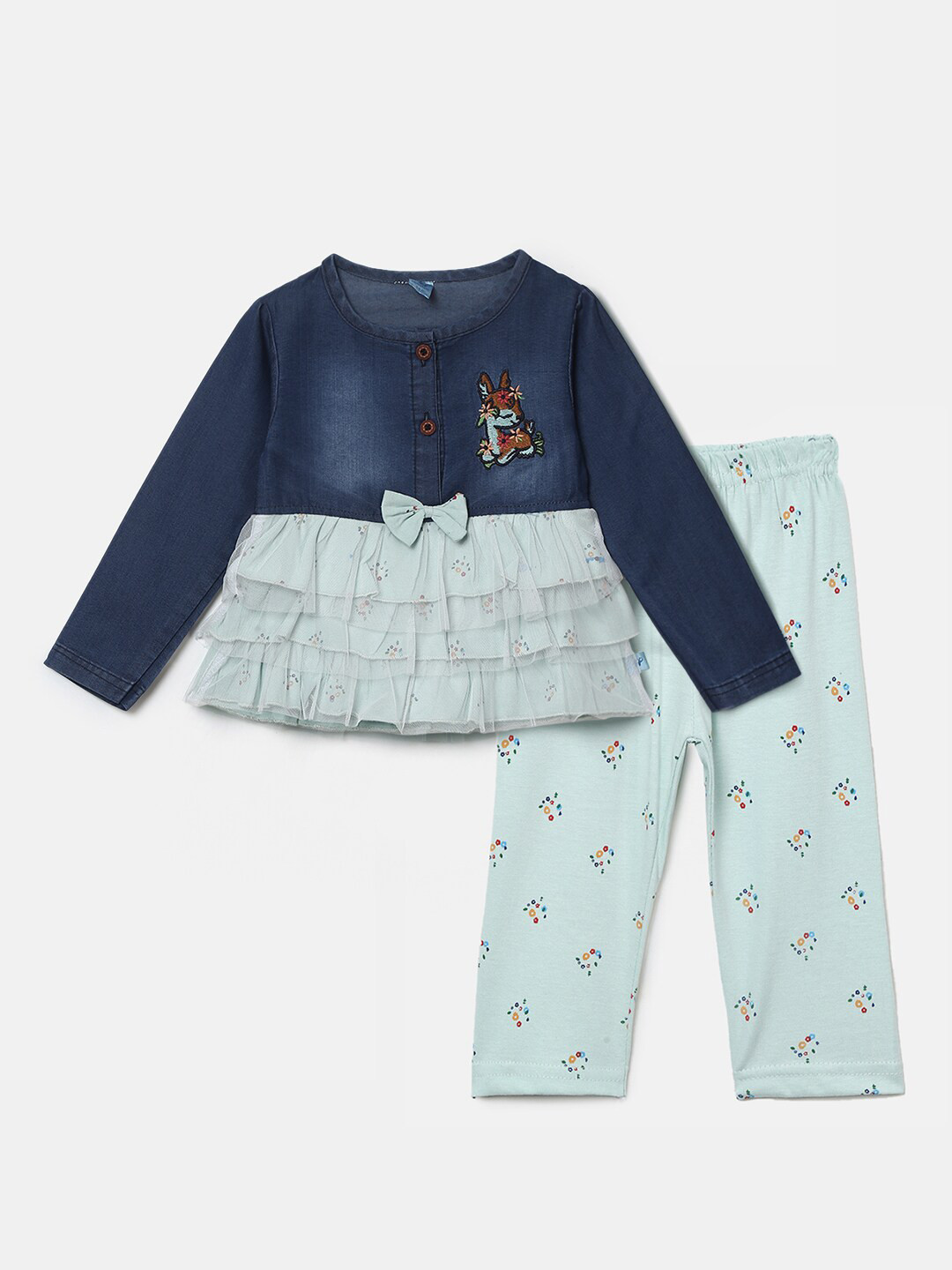 

V-Mart Kids Green & Blue Printed Pure Cotton Top with Pyjama