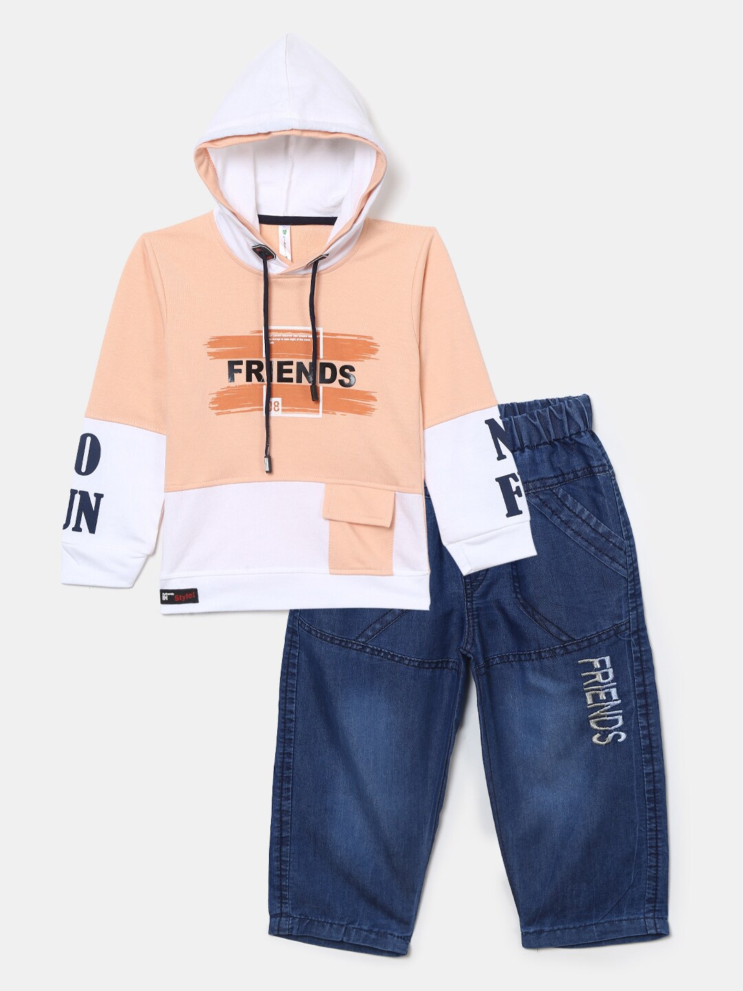 

V-Mart Unisex Kids Peach-Coloured & White Printed Pure Cotton T-shirt with Trousers