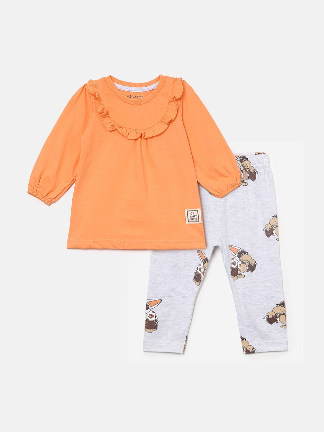 

V-Mart Unisex Kids Orange & White Printed Pure Cotton Top with Pyjamas