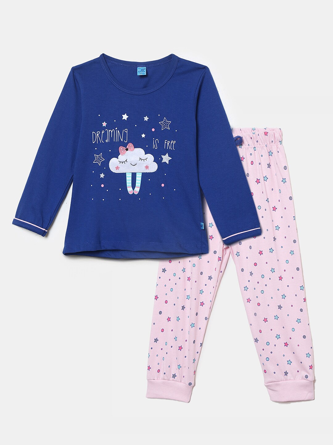 

V-Mart Unisex Kids Blue & Pink Printed Pure Cotton T-shirt with Pyjamas