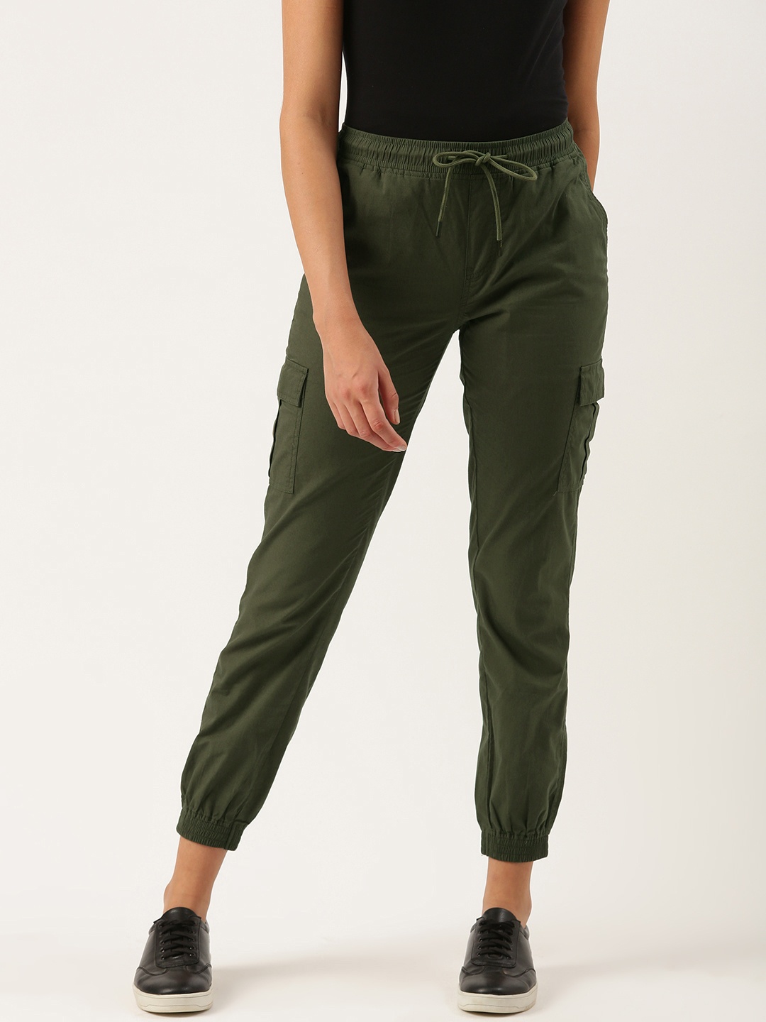 

IVOC Women Olive Green Solid Pure Cotton Regular Fit Mid-Rise Casual Joggers