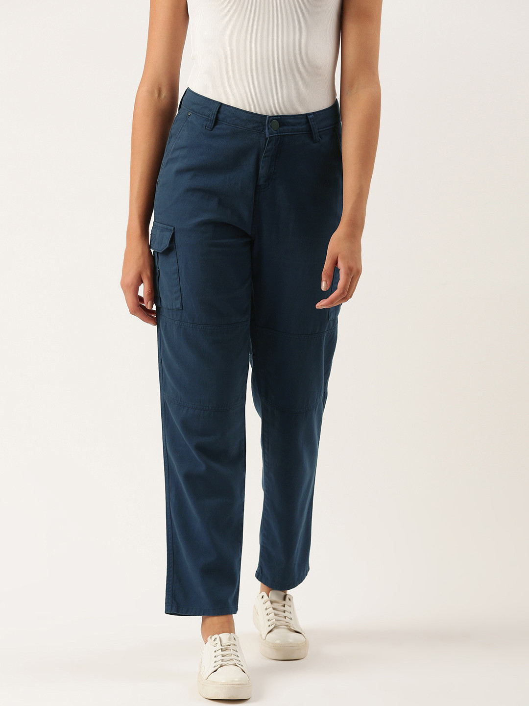 

IVOC Women Pure Cotton Mid-Rise Slim Fit Cargo Style Trousers, Navy blue