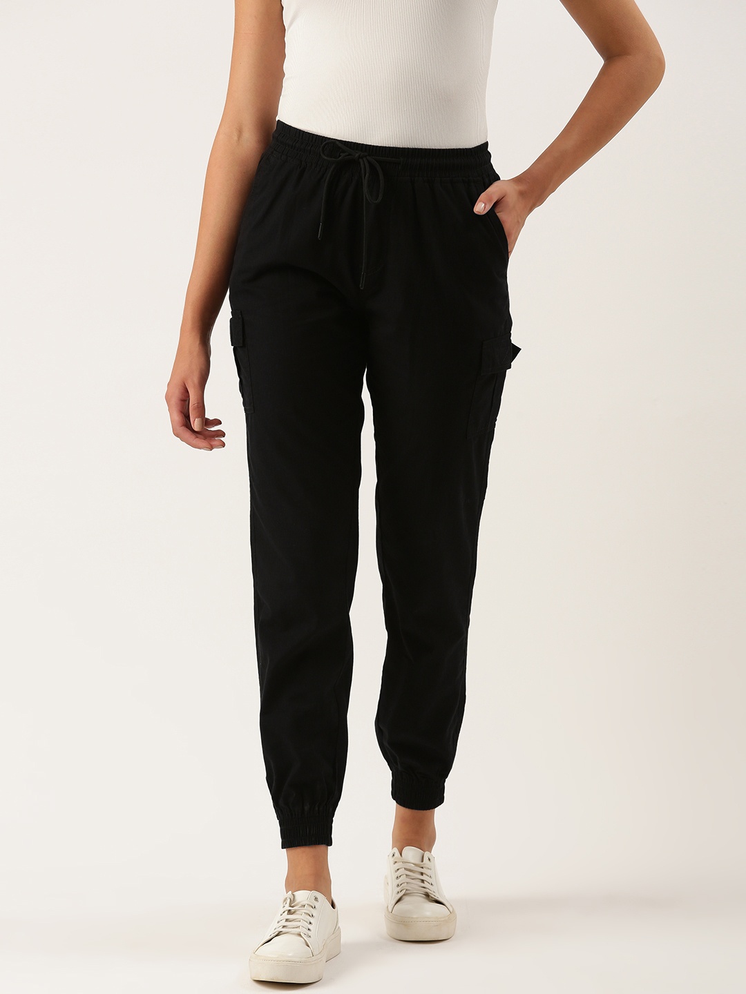 

IVOC Women Black Solid Pure Cotton Regular Fit Mid-Rise Casual Joggers