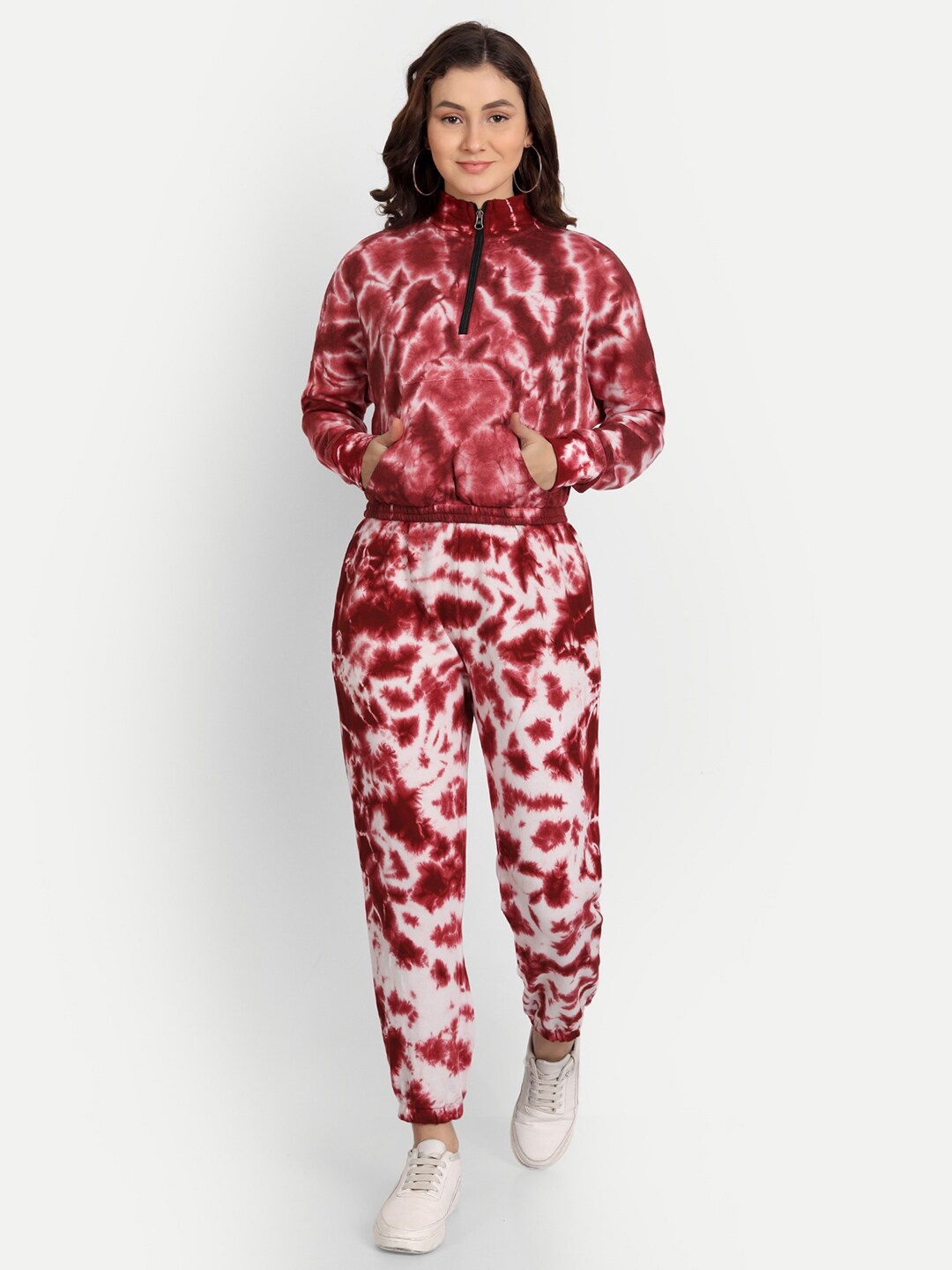 

iki chic Women Red & White Zip-up Turtle Neck Tie-Dye Cotton Jogger Set