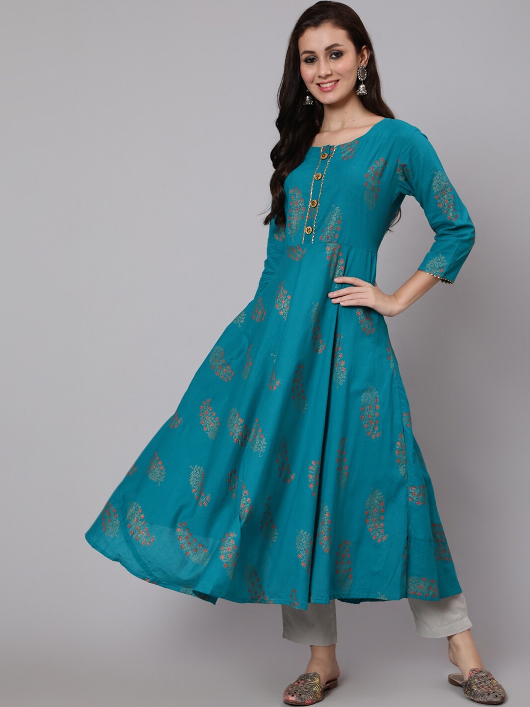 

WOMENCLICK Floral Printed Pure Cotton A-Line Kurta, Teal