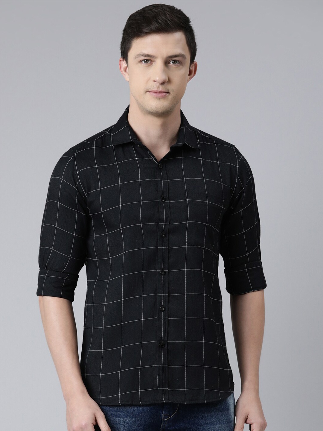 

Kryptic Men Black Windowpane Checked Cotton Casual Shirt