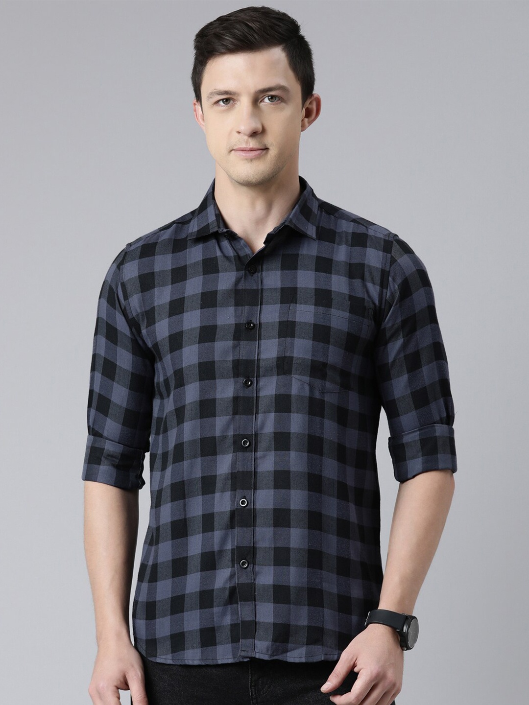 

Kryptic Men Grey Buffalo Checked Cotton Casual Shirt