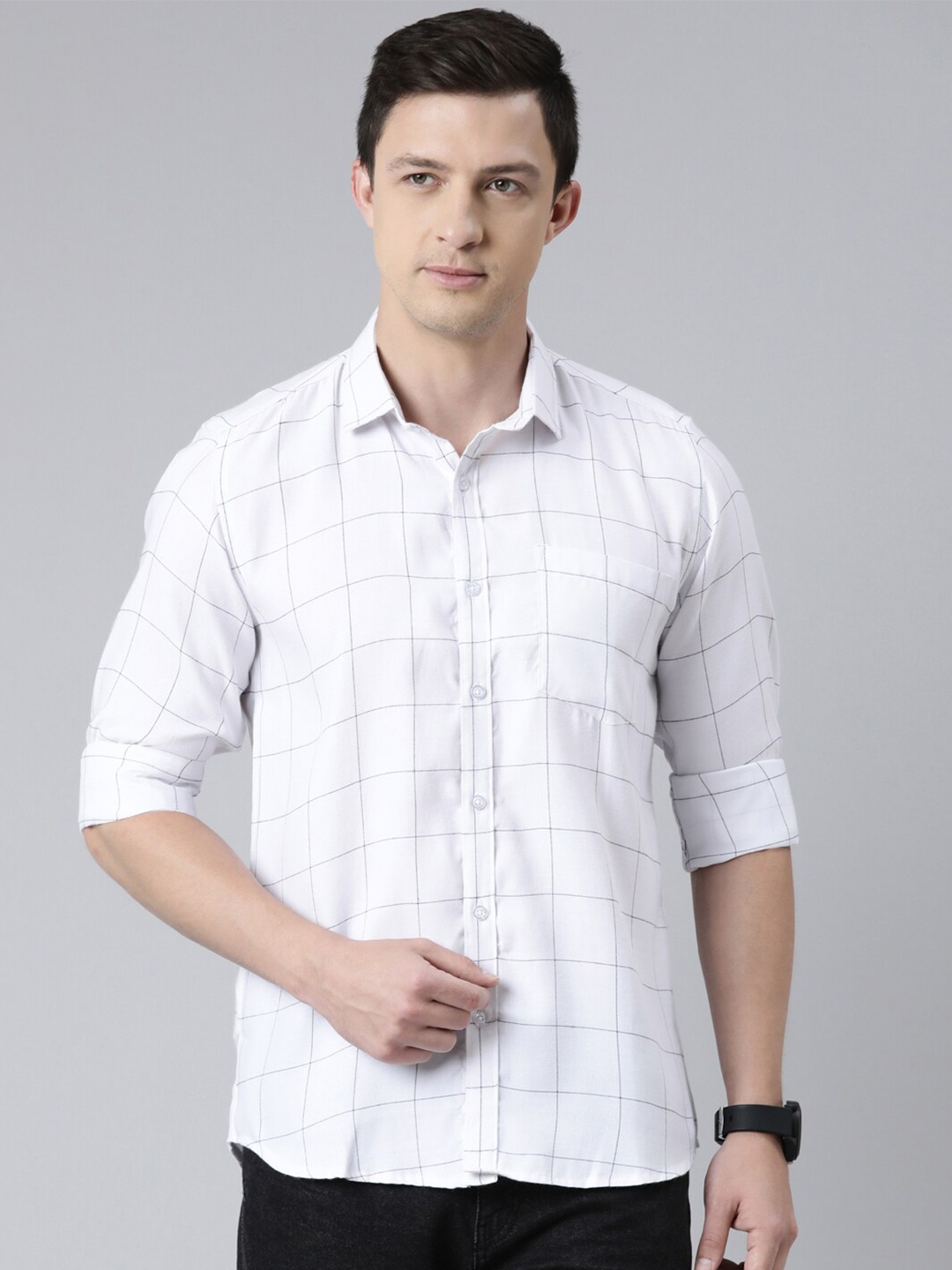 

Kryptic Men White Windowpane Checked Cotton Casual Shirt
