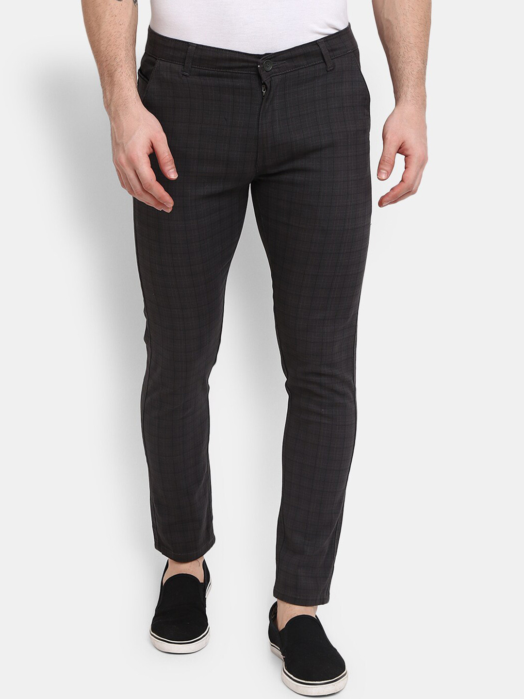 

V-Mart Men Checked Easy Wash Cotton Trousers, Charcoal