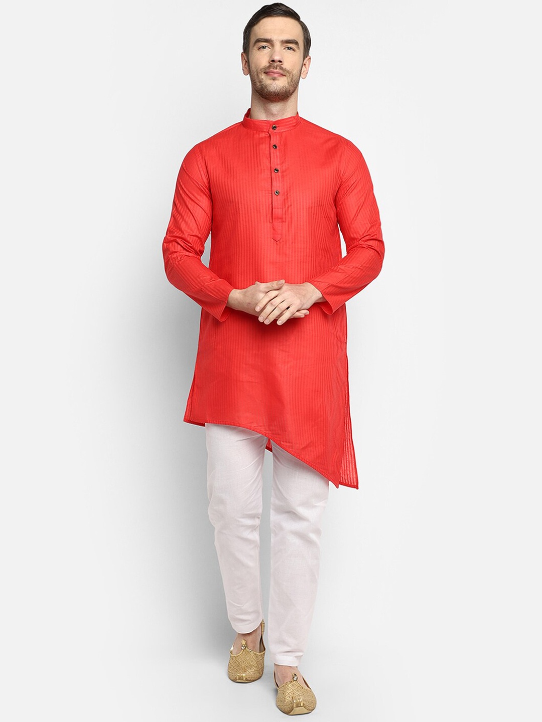 

DEVOILER Striped Mandarin Collar Long Sleeves Asymmetric Kurta, Red