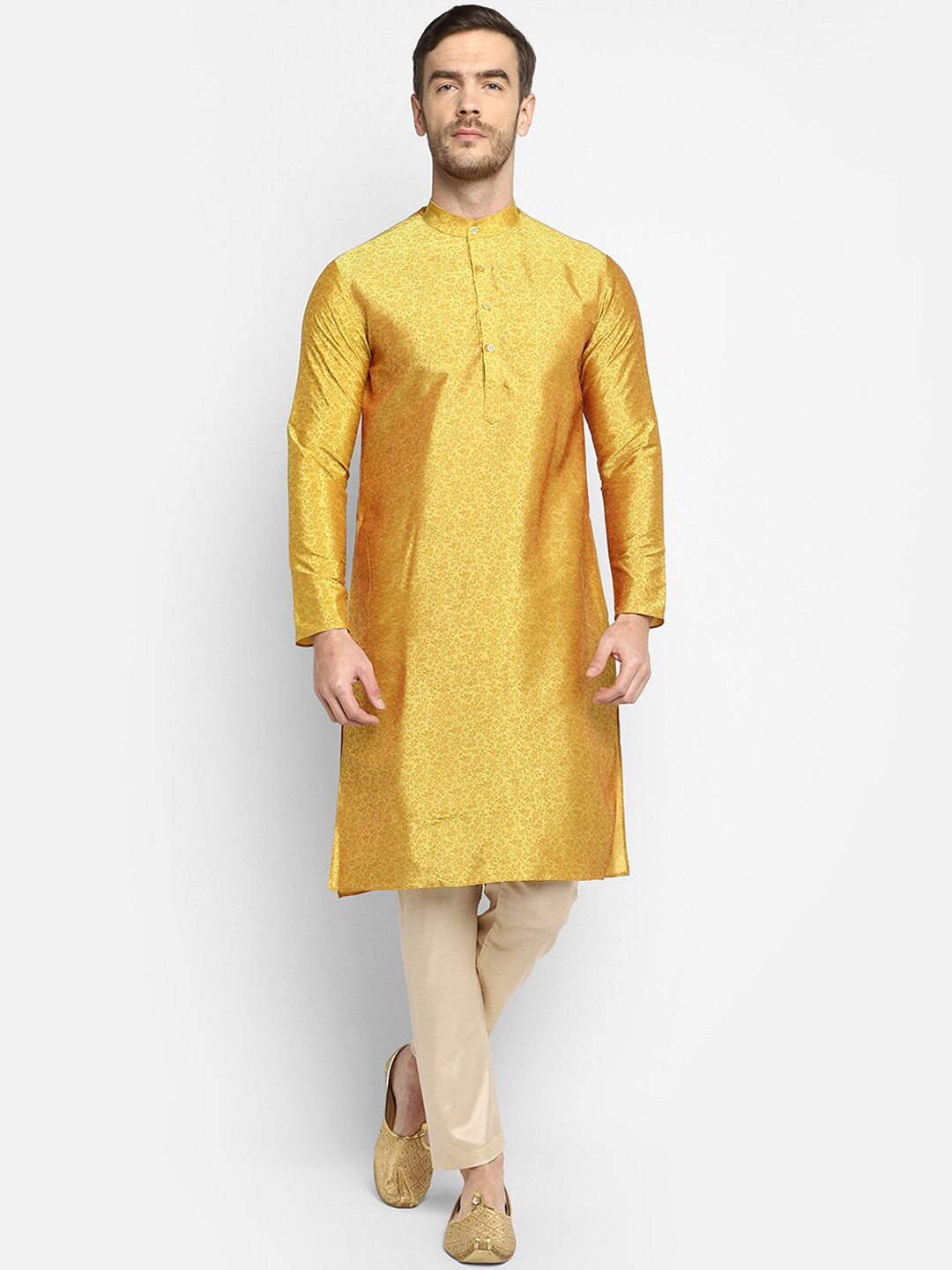 

DEVOILER Mandarin Collar Silk Kurta, Yellow