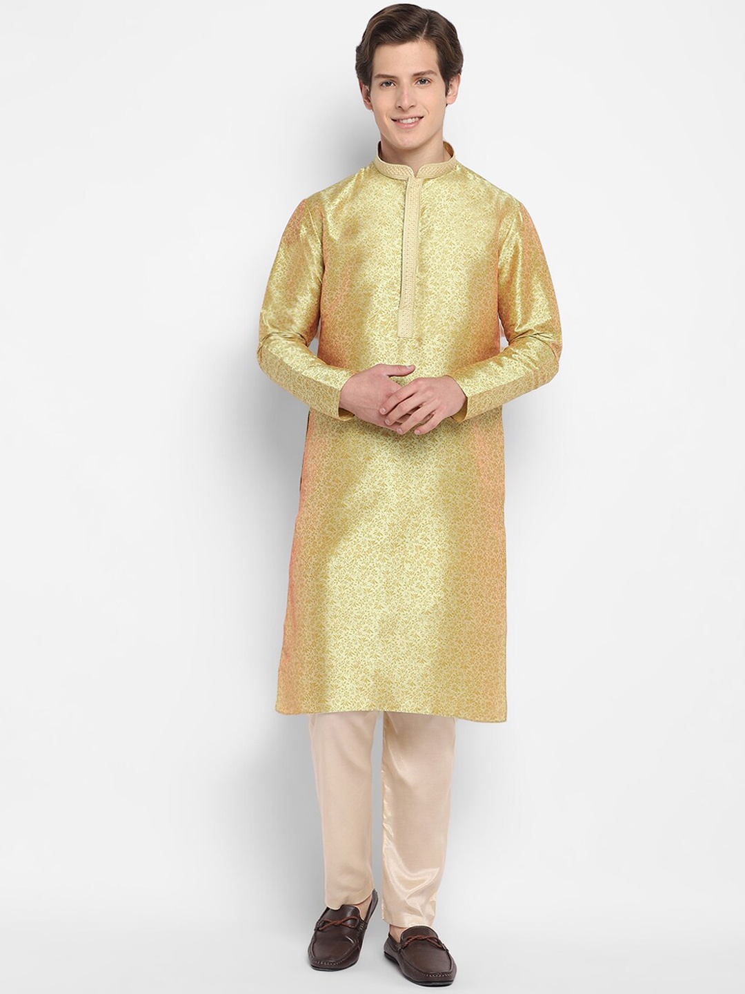 

DEVOILER Floral Printed Mandarin Collar Long Sleeves Kurta, Gold