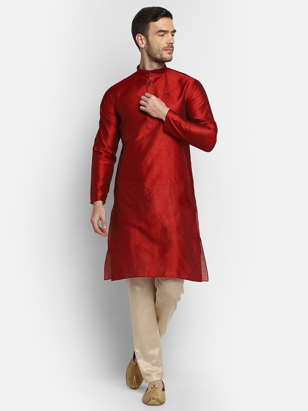 

DEVOILER Mandarin Collar Long Sleeves Cotton Kurta, Maroon