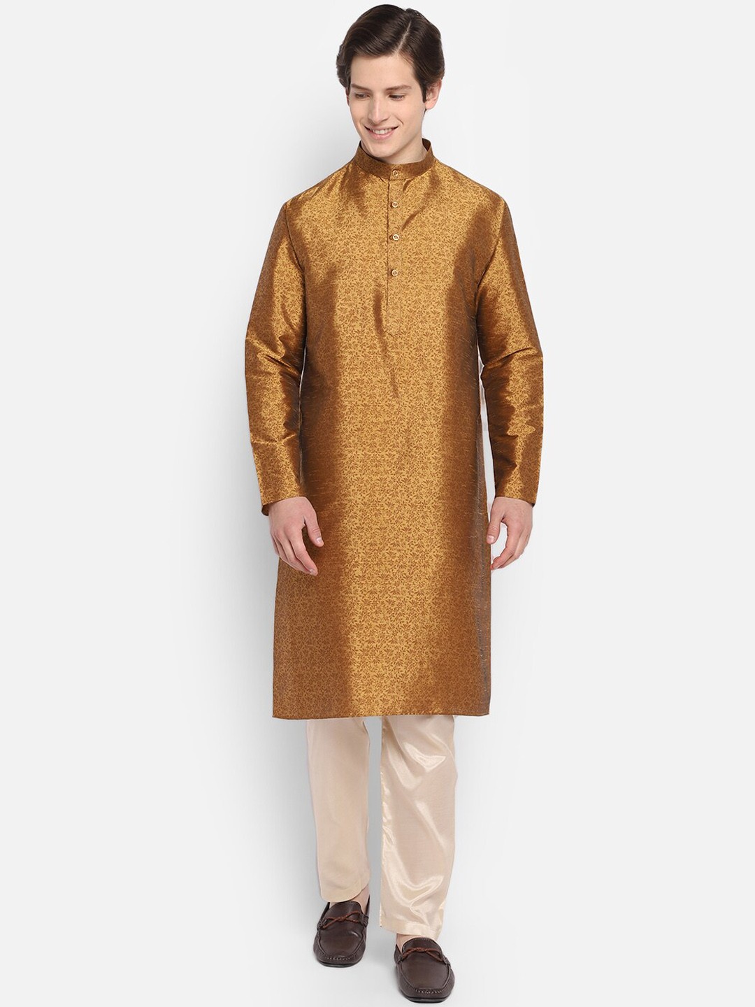 

DEVOILER Floral Printed Mandarin Collar A-Line Silk Kurta, Bronze