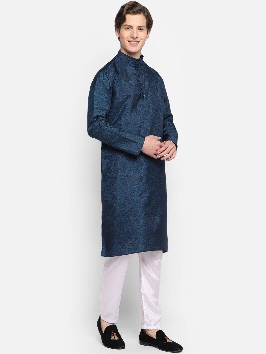 

DEVOILER Floral Printed Mandarin Collar A-Line Silk Kurta, Navy blue