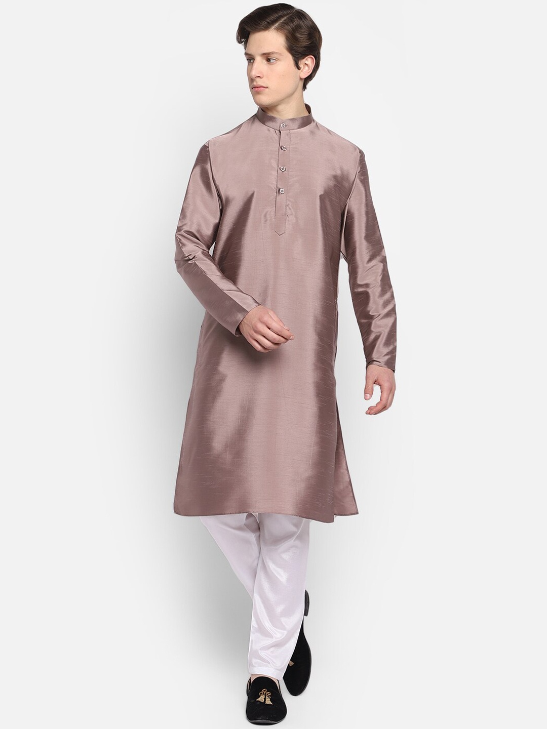 

DEVOILER Mandarin Collar Ethnic A-Line Silk Kurta, Brown