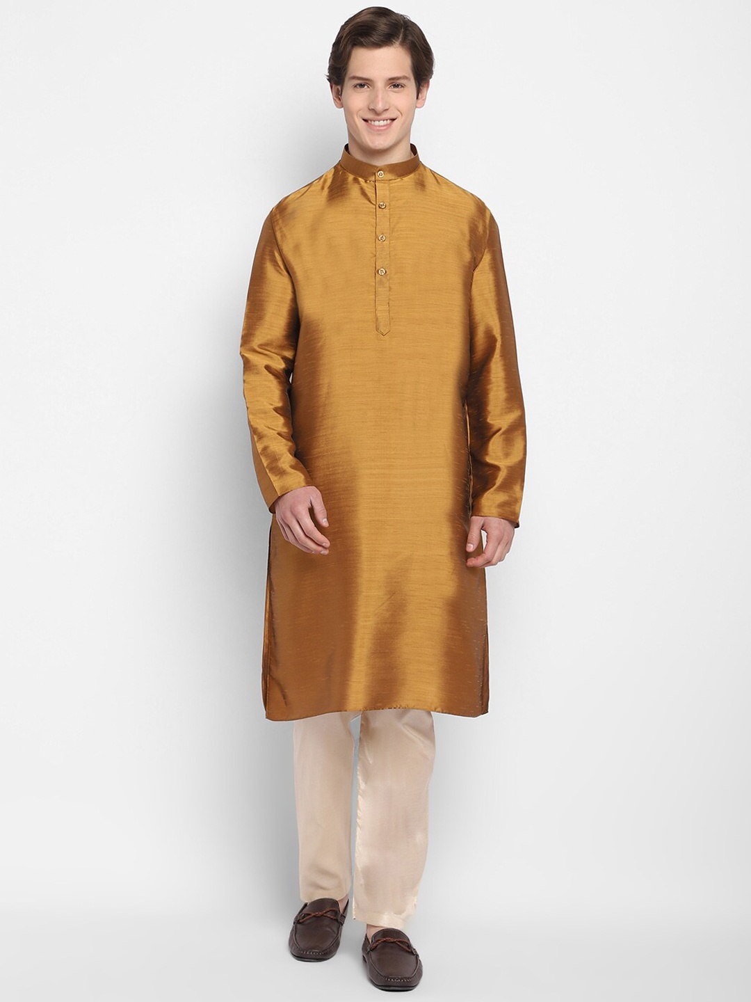 

DEVOILER Mandarin Collar Straight Regular Silk Kurta, Bronze