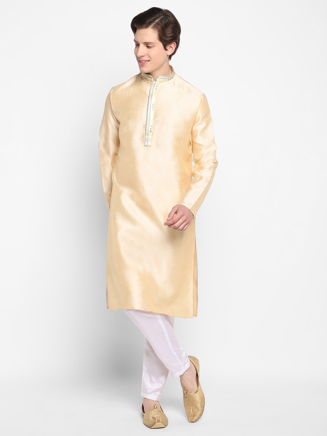 

DEVOILER Mandarin Collar Straight Fit Regular Silk Kurta, Cream